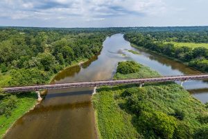 Looking downstream on the Grand River at the Oakhill Trail Bridge, Brantford, Ontario