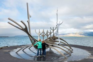Joyce & Laura Lee in front of the Sun Voyager in Reykjavik, Iceland