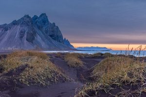 Sunrise at the Black Sand Dunes & Vestrahorn Mountain by the Sea
