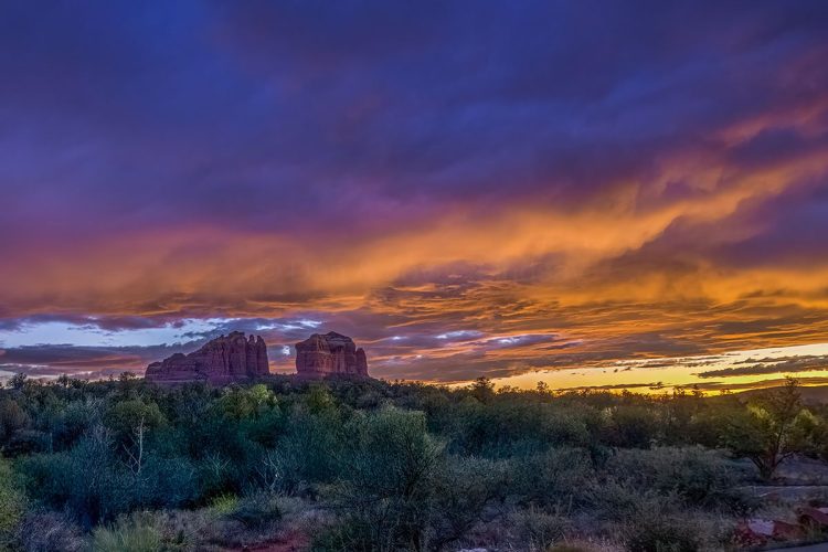Cathedral rock formation in Sedona, Arizona at sunset