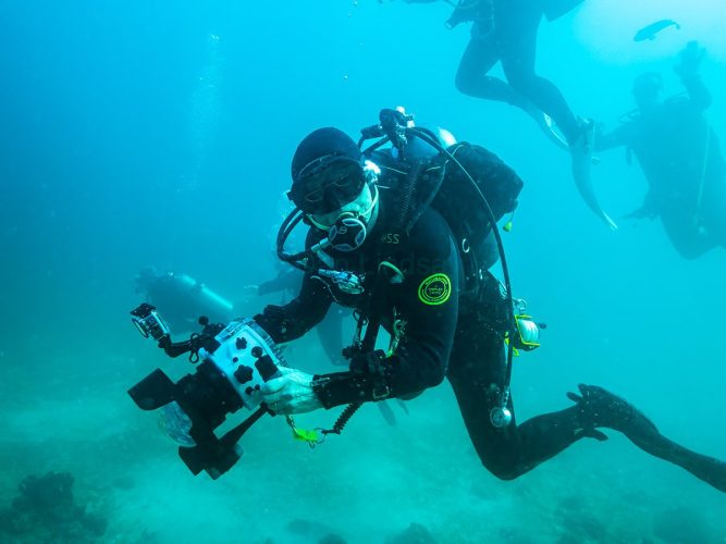 Dan Lindsay hovers in the clear Pacific waters of the Galápagos, camera poised as he photographs the region’s extraordinary marine life. These islands sit at the crossroads of powerful ocean currents — the cold Humboldt, the deep‑rising Cromwell, and the warm Panama Current — creating one of the richest underwater ecosystems on the planet. From sea lions and turtles to schooling fish and pelagic visitors, the dynamic currents surrounding the volcanic islands offer unmatched photographic opportunities for divers. Dan Lindsay underwater with a camera rig, photographing marine life in the clear, current‑swept waters of the Galápagos Islands.