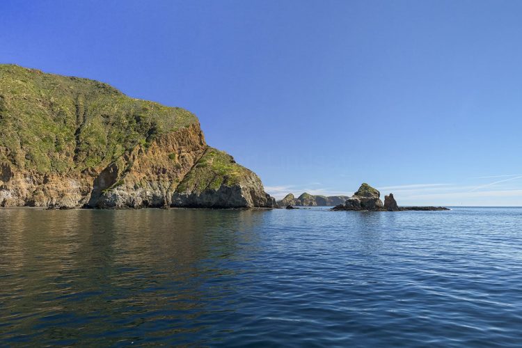Calm, glassy waters mirror the massive volcanic bluffs and sea stacks of the Channel Islands. A wide scenic view from a boat on calm, dark blue ocean water looking toward steep, green-dusted coastal cliffs and small rocky sea stacks under a clear blue sky.